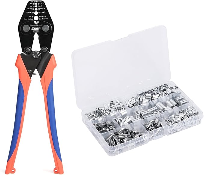 Pince à sertir / coupeur cosses ovales 0.3mm-3.5mm, avec 375 pièces de cosses en aluminium